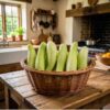 several cucumber jefferson sitting in a basket in a country kitchen