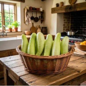 several cucumber jefferson sitting in a basket in a country kitchen