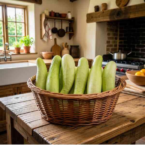 cucumber-jefferson-seeds-5 several cucumber jefferson sitting in a basket in a country kitchen