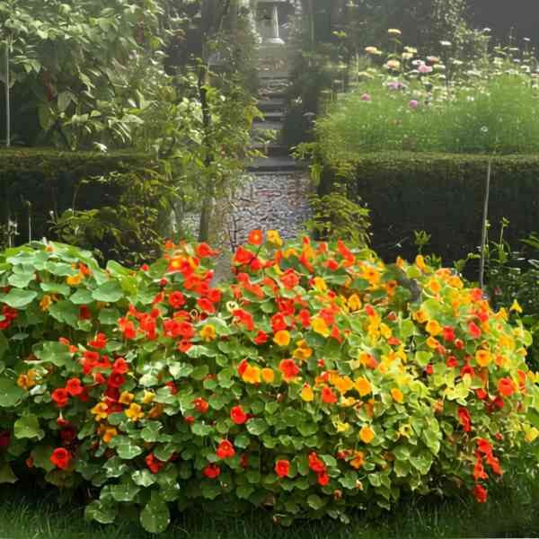 nasturtium-whirlybird-mix-4 nasturtium whirlybird plants in a garden setting