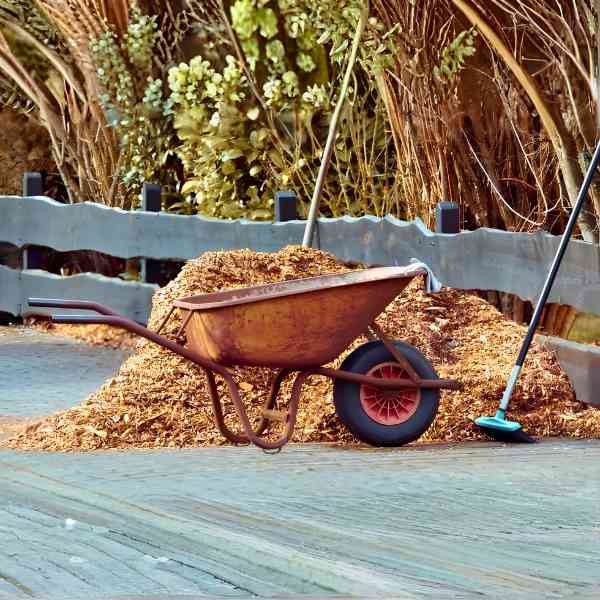 wheel barrow filled with mulch on a wooden path inside a park