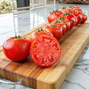 rumseys red tomatoes sitting on a chopping board on a marble tile floor